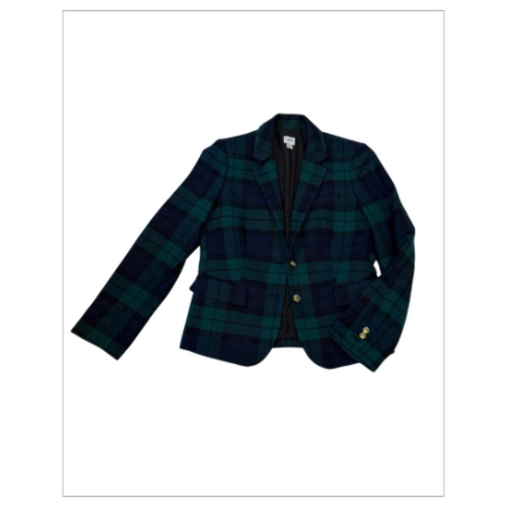 Gently Worn Sophisticated J.Crew Green Plaid Wool Blazer, Size 6 (BB01)